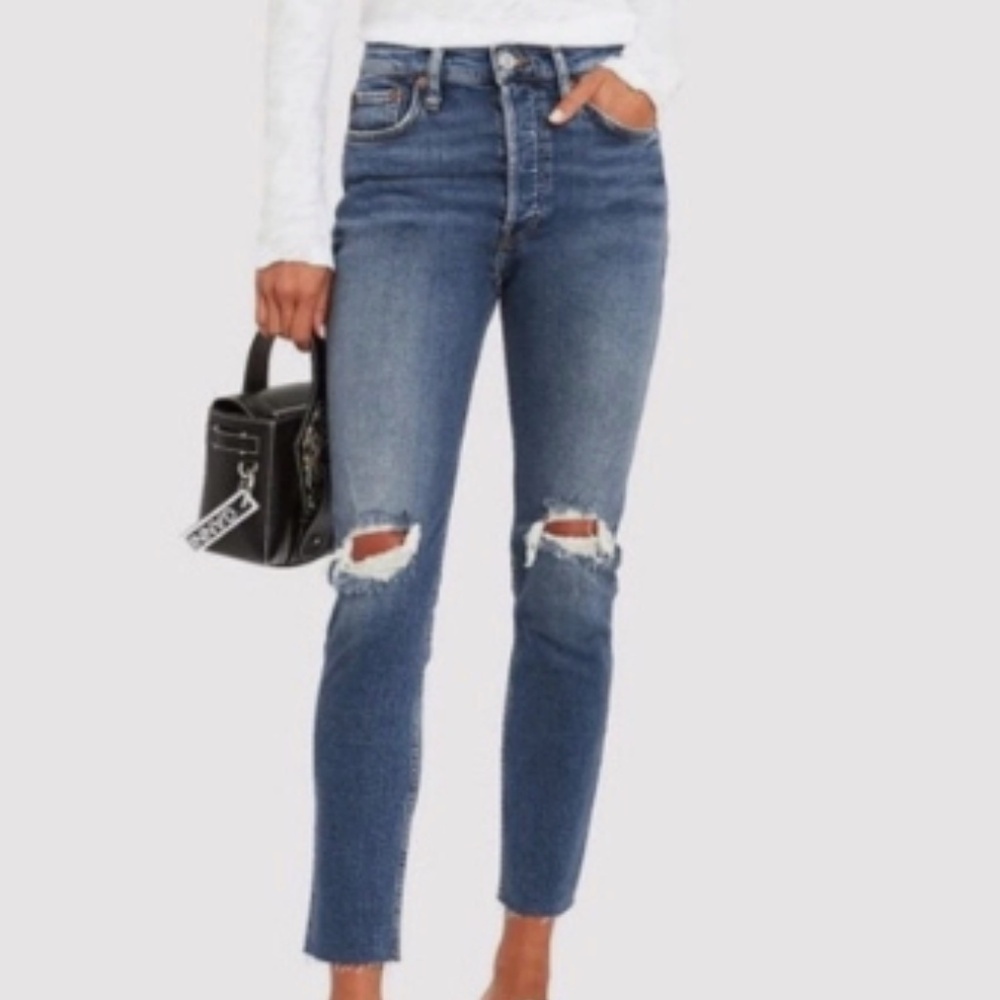 Re/Done Dusty Destroy Wash High Rise Distressed Grunge Ankle Crop Jeans Size 28